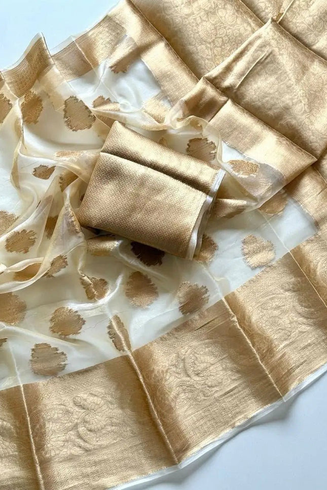 Onam Special Tussar Silk Saree | Pure Zari Weaving | Cut Dana Pallu & Pom Pom Latkan - Rosepetals Luxe