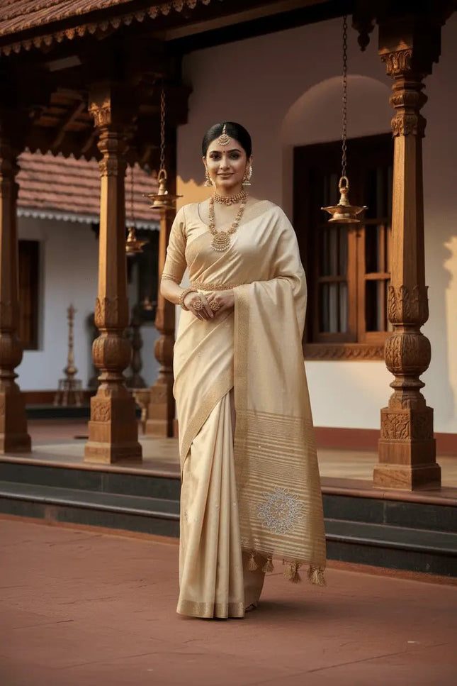 Onam Special Tussar Silk Saree | Pure Zari Weaving | Cut Dana Pallu & Pom Pom Latkan - Rosepetals Luxe