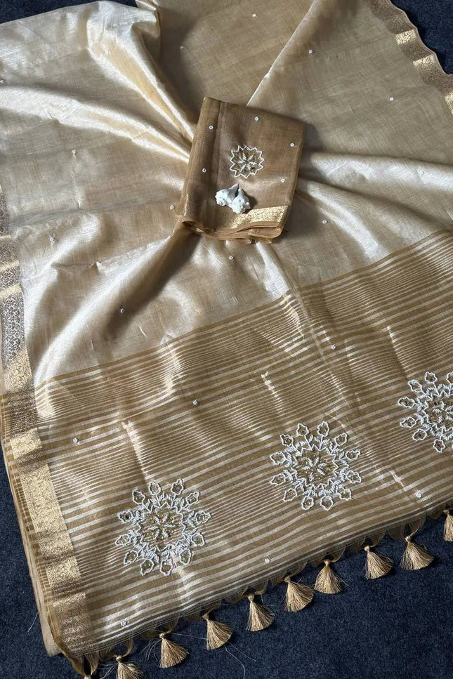 Onam Special Tussar Silk Saree | Pure Zari Weaving | Cut Dana Pallu & Pom Pom Latkan - Rosepetals Luxe