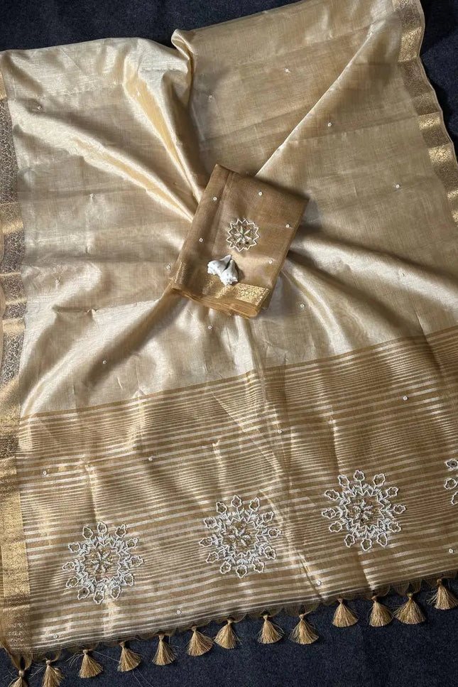 Onam Special Tussar Silk Saree | Pure Zari Weaving | Cut Dana Pallu & Pom Pom Latkan - Rosepetals Luxe