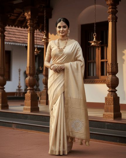 Onam Special Tussar Silk Saree | Pure Zari Weaving | Cut Dana Pallu & Pom Pom Latkan - Rosepetals Luxe