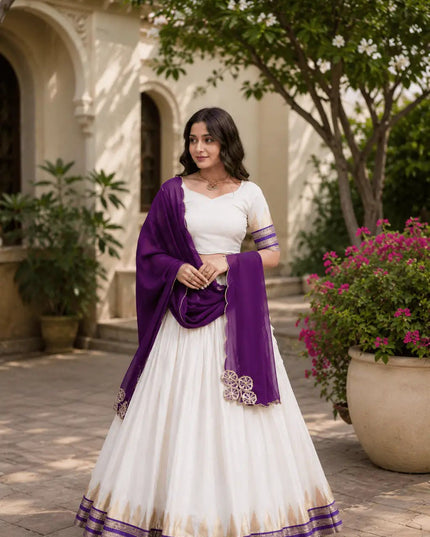Onam Viscose Jacquard Lehenga Choli Set – Zari Temple Weave & Faux Georgette Dupatta - Rosepetals Luxe