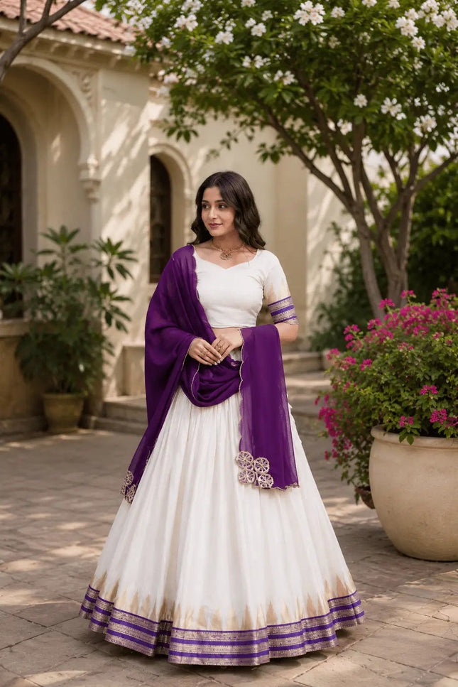 Onam Viscose Jacquard Lehenga Choli Set – Zari Temple Weave & Faux Georgette Dupatta - Rosepetals Luxe
