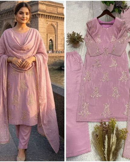 Onion Pink Chinon Sequin Suit Set | Festive 3-Piece with Embroidered Dupatta - Rosepetals Luxe