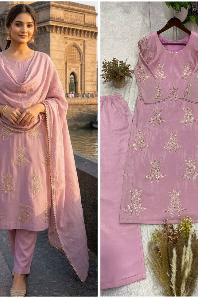 Onion Pink Chinon Sequin Suit Set | Festive 3-Piece with Embroidered Dupatta - Rosepetals Luxe