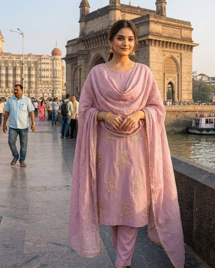 Onion Pink Chinon Sequin Suit Set | Festive 3-Piece with Embroidered Dupatta - Rosepetals Luxe