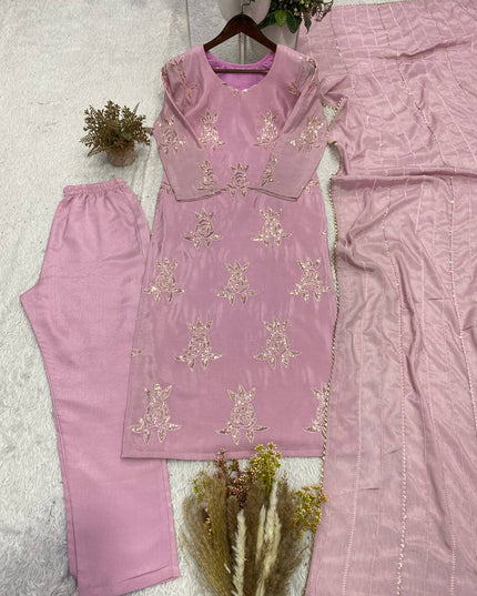 Onion Pink Chinon Sequin Suit Set | Festive 3-Piece with Embroidered Dupatta - Rosepetals Luxe