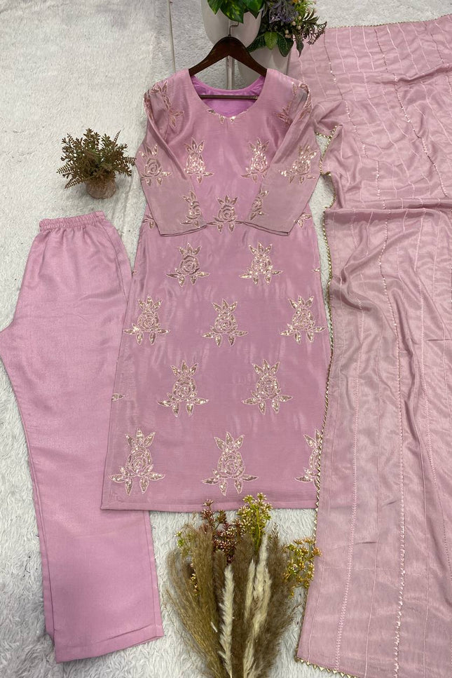 Onion Pink Chinon Sequin Suit Set | Festive 3-Piece with Embroidered Dupatta - Rosepetals Luxe