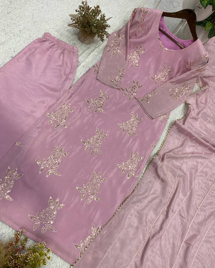 Onion Pink Chinon Sequin Suit Set | Festive 3-Piece with Embroidered Dupatta - Rosepetals Luxe