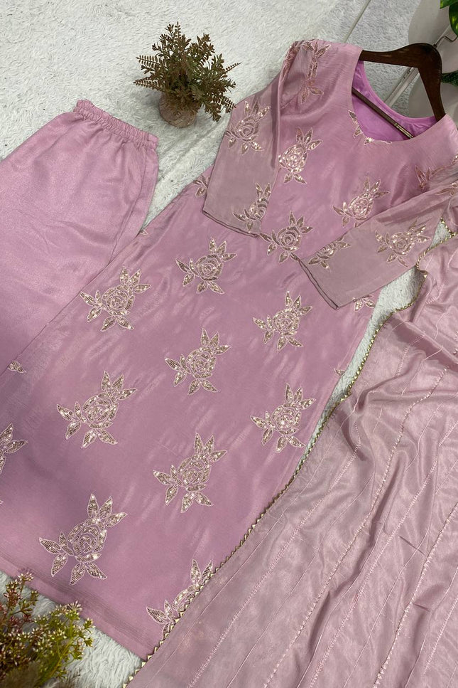 Onion Pink Chinon Sequin Suit Set | Festive 3-Piece with Embroidered Dupatta - Rosepetals Luxe