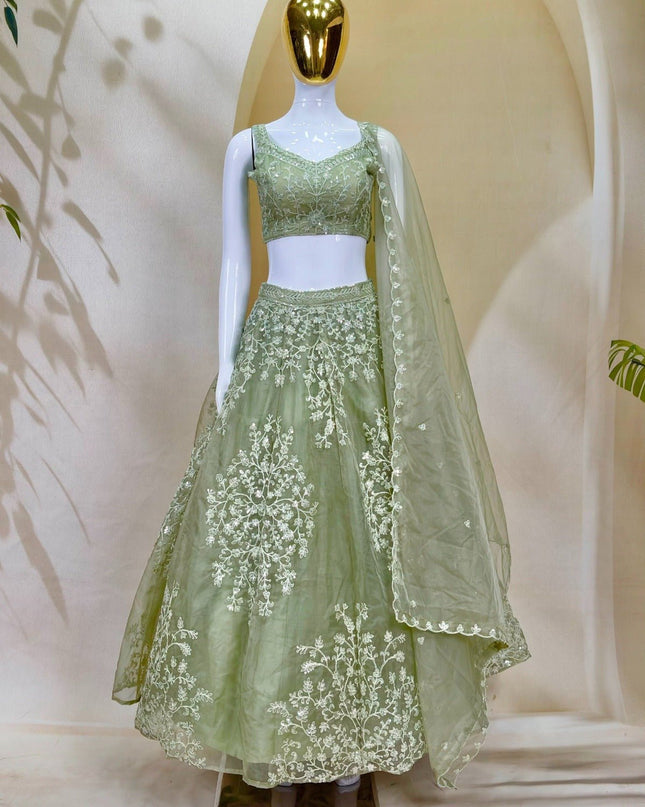 Organza Multi Dori Sequence Embroidery Lehenga Choli with Net Ruffles | Wedding & Festive - Rosepetals Luxe