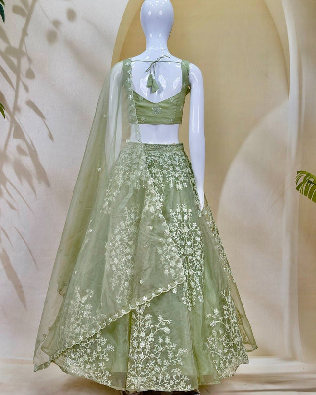 Organza Multi Dori Sequence Embroidery Lehenga Choli with Net Ruffles | Wedding & Festive - Rosepetals Luxe