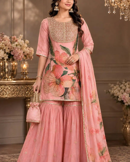 Organza Sharara Suit Set with Sequin Embroidery & Dupatta | Raksha Bandhan Festive Wear | Peach - Rosepetals Luxe