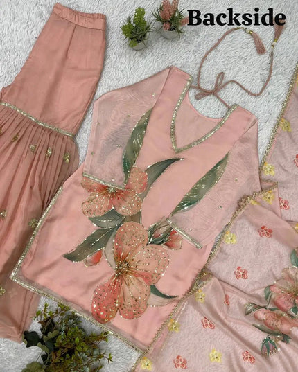 Organza Sharara Suit Set with Sequin Embroidery & Dupatta | Raksha Bandhan Festive Wear | Peach - Rosepetals Luxe