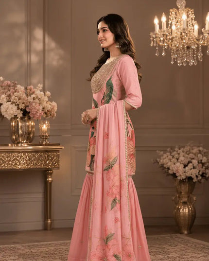 Organza Sharara Suit Set with Sequin Embroidery & Dupatta | Raksha Bandhan Festive Wear | Peach - Rosepetals Luxe