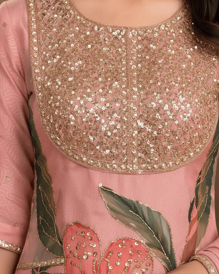 Organza Sharara Suit Set with Sequin Embroidery & Dupatta | Raksha Bandhan Festive Wear | Peach - Rosepetals Luxe