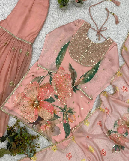 Organza Sharara Suit Set with Sequin Embroidery & Dupatta | Raksha Bandhan Festive Wear | Peach - Rosepetals Luxe