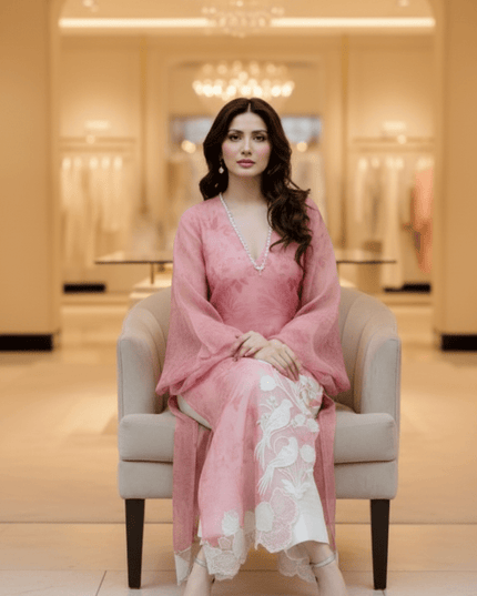 Organza Shrug Pant Inner Top Set | Digital Print Mirror Work & Cutwork Balloon Sleeves | Pink - Rosepetals Luxe