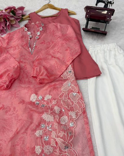 Organza Shrug Pant Inner Top Set | Digital Print Mirror Work & Cutwork Balloon Sleeves | Pink - Rosepetals Luxe