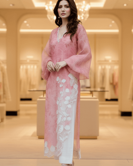 Organza Shrug Pant Inner Top Set | Digital Print Mirror Work & Cutwork Balloon Sleeves | Pink - Rosepetals Luxe