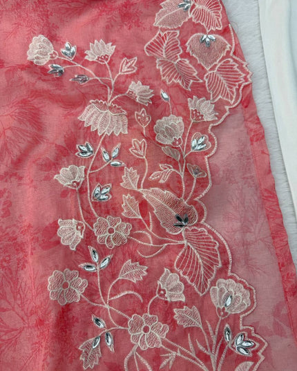 Organza Shrug Pant Inner Top Set | Digital Print Mirror Work & Cutwork Balloon Sleeves | Pink - Rosepetals Luxe