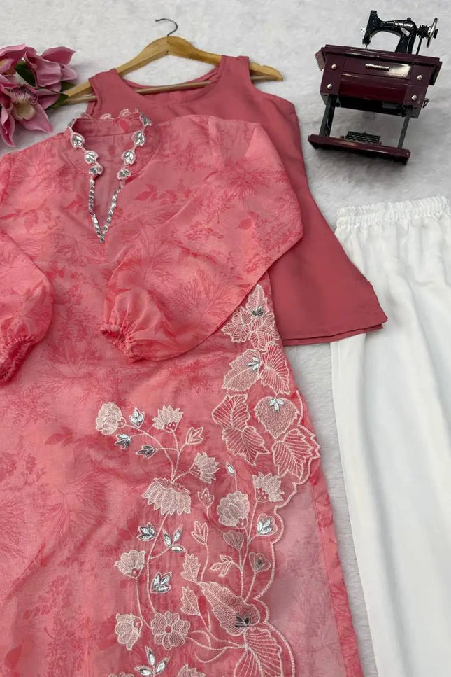 Organza Shrug Pant Inner Top Set | Digital Print Mirror Work & Cutwork Balloon Sleeves | Pink - Rosepetals Luxe