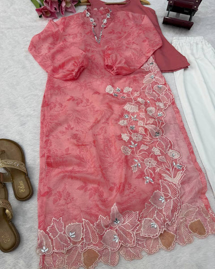 Organza Shrug Pant Inner Top Set | Digital Print Mirror Work & Cutwork Balloon Sleeves | Pink - Rosepetals Luxe