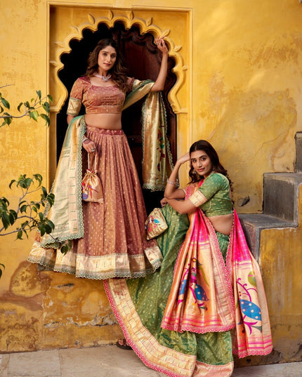 Paithani Lehenga Choli | Shimmer Organza With Zari Weaving Work | Bridal Wear - Rosepetals Luxe
