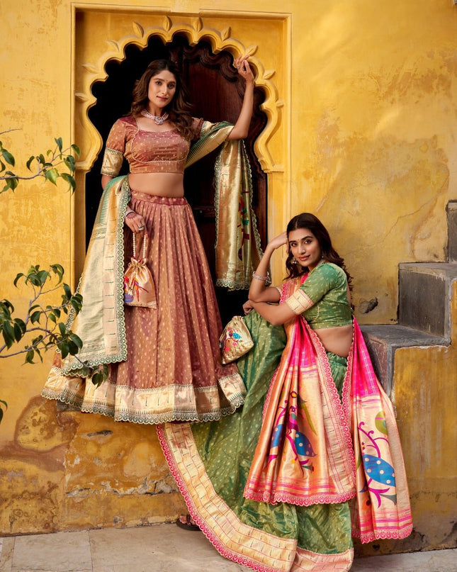 Paithani Lehenga Choli | Shimmer Organza With Zari Weaving Work | Bridal Wear - Rosepetals Luxe