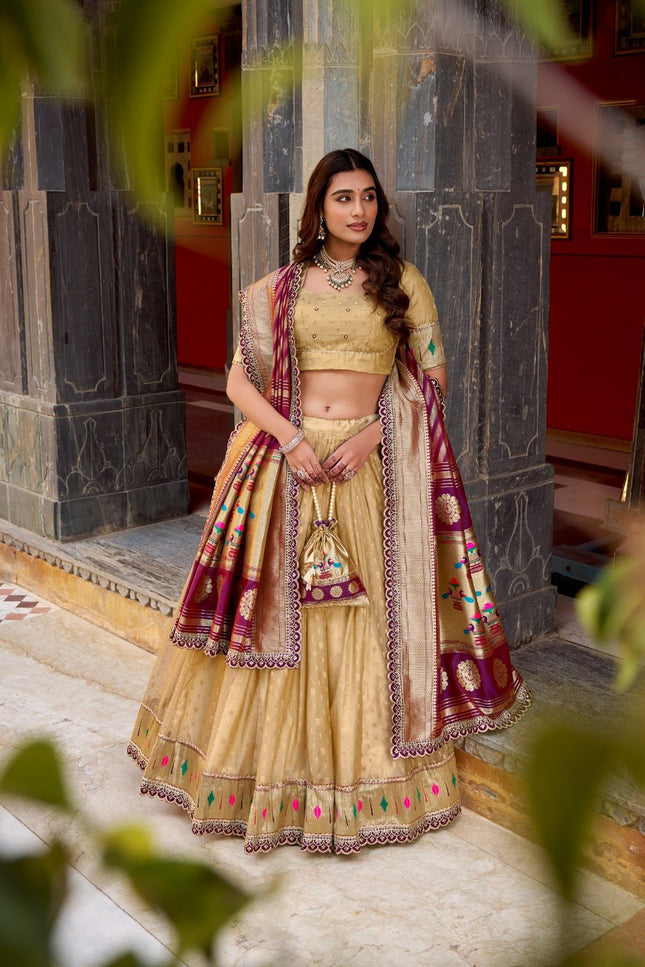 Paithani Lehenga Choli | Shimmer Organza With Zari Weaving Work | Bridal Wear - Rosepetals Luxe