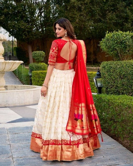 Paithani Silk Lehenga Choli | Zari Weaving & Sequins Embroidery | Jacquard Dupatta | Red & White - Rosepetals Luxe