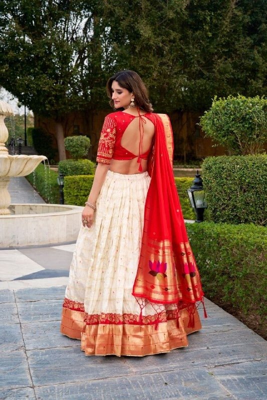 Paithani Silk Lehenga Choli | Zari Weaving & Sequins Embroidery | Jacquard Dupatta | Red & White - Rosepetals Luxe
