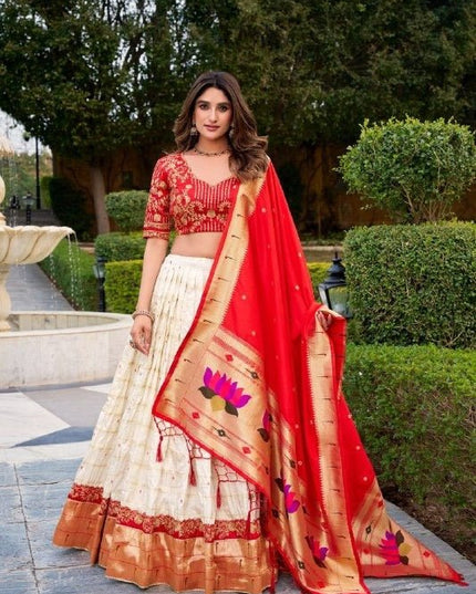 Paithani Silk Lehenga Choli | Zari Weaving & Sequins Embroidery | Jacquard Dupatta | Red & White - Rosepetals Luxe