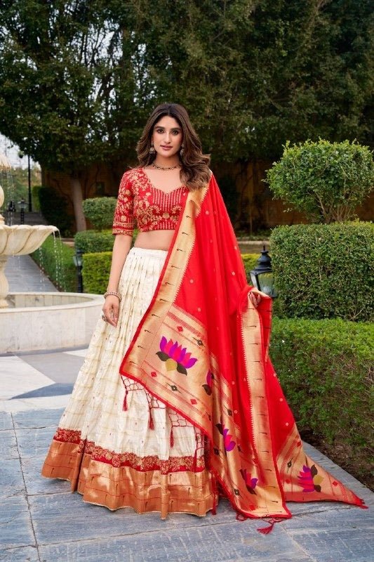Paithani Silk Lehenga Choli | Zari Weaving & Sequins Embroidery | Jacquard Dupatta | Red & White - Rosepetals Luxe
