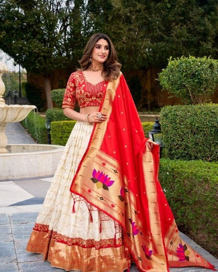 Paithani Silk Lehenga Choli | Zari Weaving & Sequins Embroidery | Jacquard Dupatta | Red & White - Rosepetals Luxe