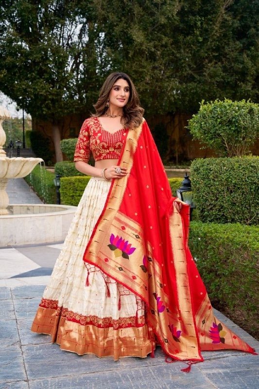 Paithani Silk Lehenga Choli | Zari Weaving & Sequins Embroidery | Jacquard Dupatta | Red & White - Rosepetals Luxe