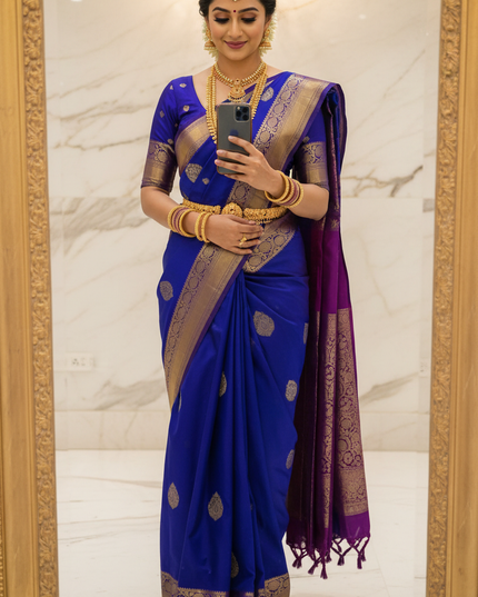 Kanchipuram Pure Silk Saree | Fancy Butta Weave | Silk Mark Certified - Rosepetals Luxe