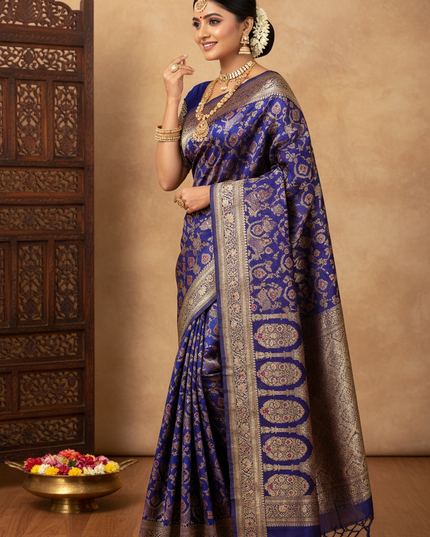 Pallu Display Pose - Pure Katan Silk Meenakari Pattu Saree with Golden & Silver Zari Work