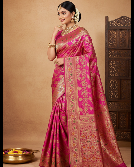 Pallu Display Pose - Pure Katan Silk Meenakari Pattu Saree with Golden & Silver Zari Work