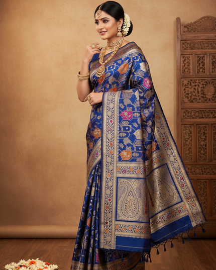 Pallu Display Pose - Pure Katan Silk Meenakari Pattu Saree with Golden & Silver Zari Work