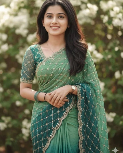 Party Wear NC Satin Saree with Heavy Beads, Sequins and Cut Work - Rosepetals Luxe