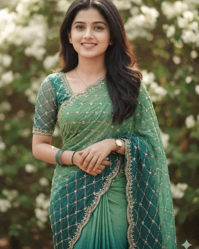 Party Wear NC Satin Saree with Heavy Beads, Sequins and Cut Work - Rosepetals Luxe