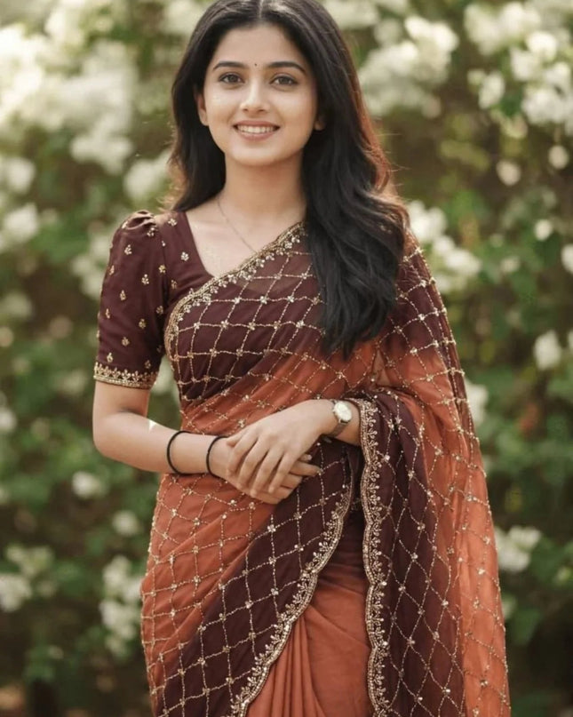 Party Wear NC Satin Saree with Heavy Beads, Sequins and Cut Work - Rosepetals Luxe