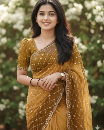 Party Wear NC Satin Saree with Heavy Beads, Sequins and Cut Work - Rosepetals Luxe