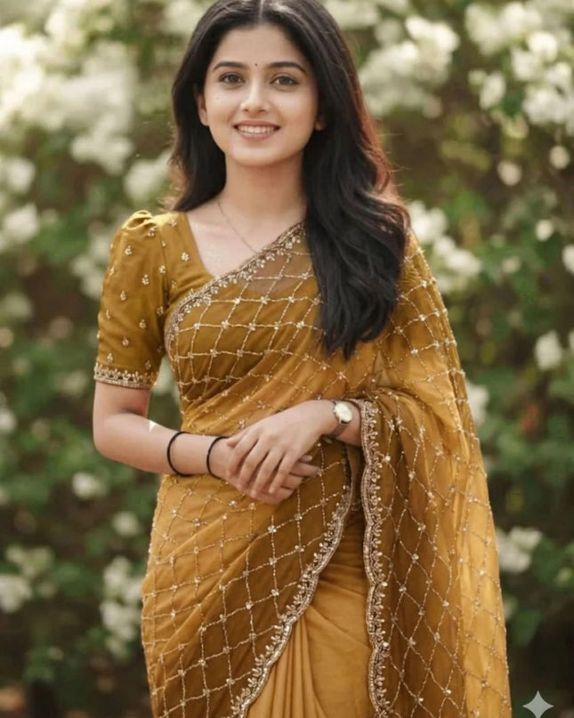 Party Wear NC Satin Saree with Heavy Beads, Sequins and Cut Work - Rosepetals Luxe