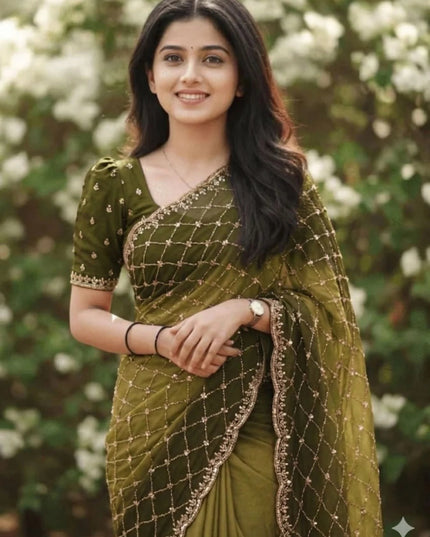 Party Wear NC Satin Saree with Heavy Beads, Sequins and Cut Work - Rosepetals Luxe