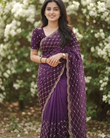 Party Wear NC Satin Saree with Heavy Beads, Sequins and Cut Work - Rosepetals Luxe