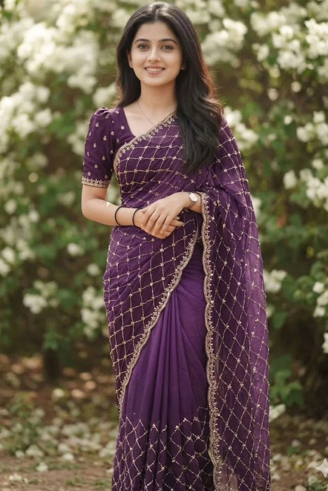 Party Wear NC Satin Saree with Heavy Beads, Sequins and Cut Work - Rosepetals Luxe