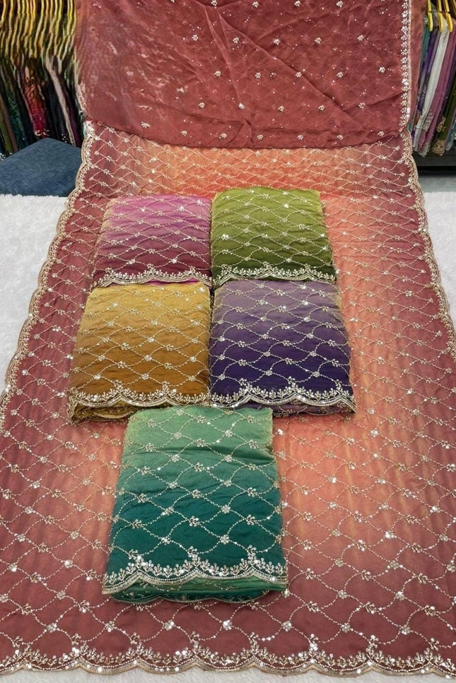 Party Wear NC Satin Saree with Heavy Beads, Sequins and Cut Work - Rosepetals Luxe