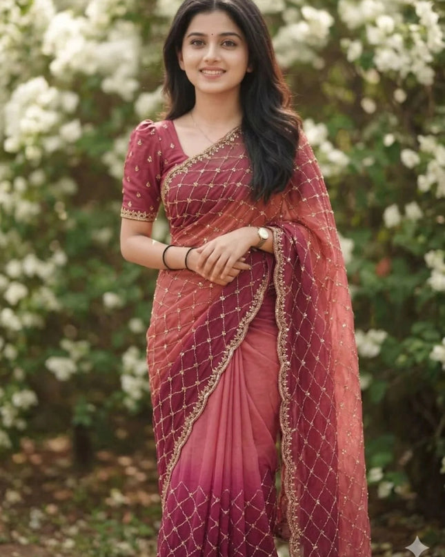 Party Wear NC Satin Saree with Heavy Beads, Sequins and Cut Work - Rosepetals Luxe